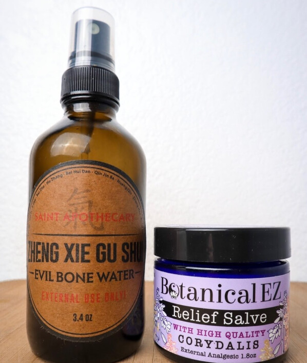 Evil Bone Water and Corydalsi Relief Salve Together no background