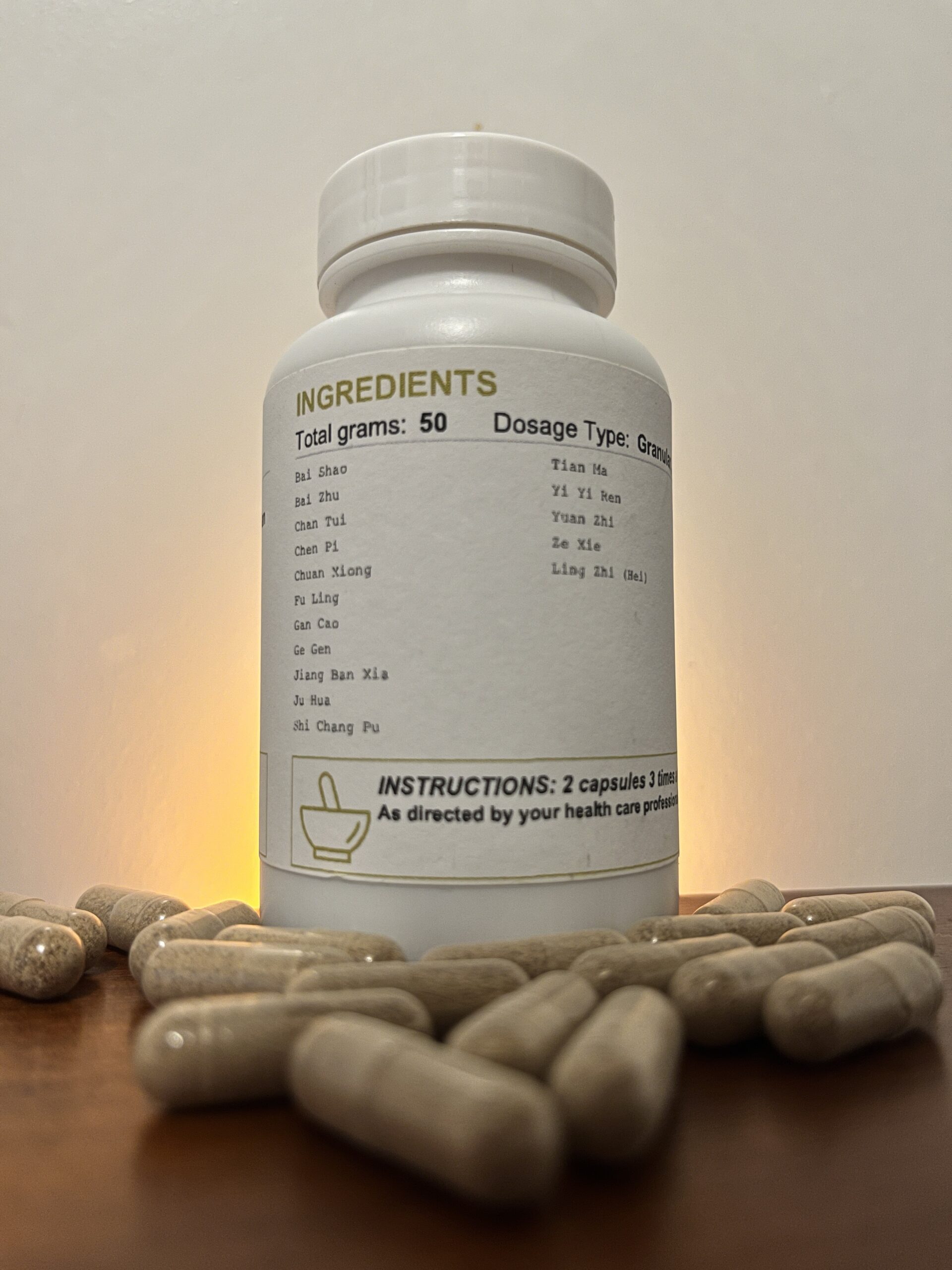 Back Bai Zhu Balance Bottle with Pills close up