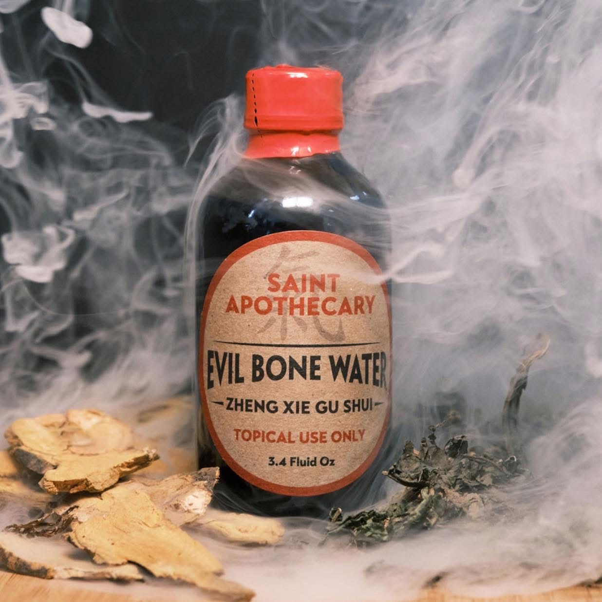 A Single Evil Bone Water Bottle With Smoke Around it